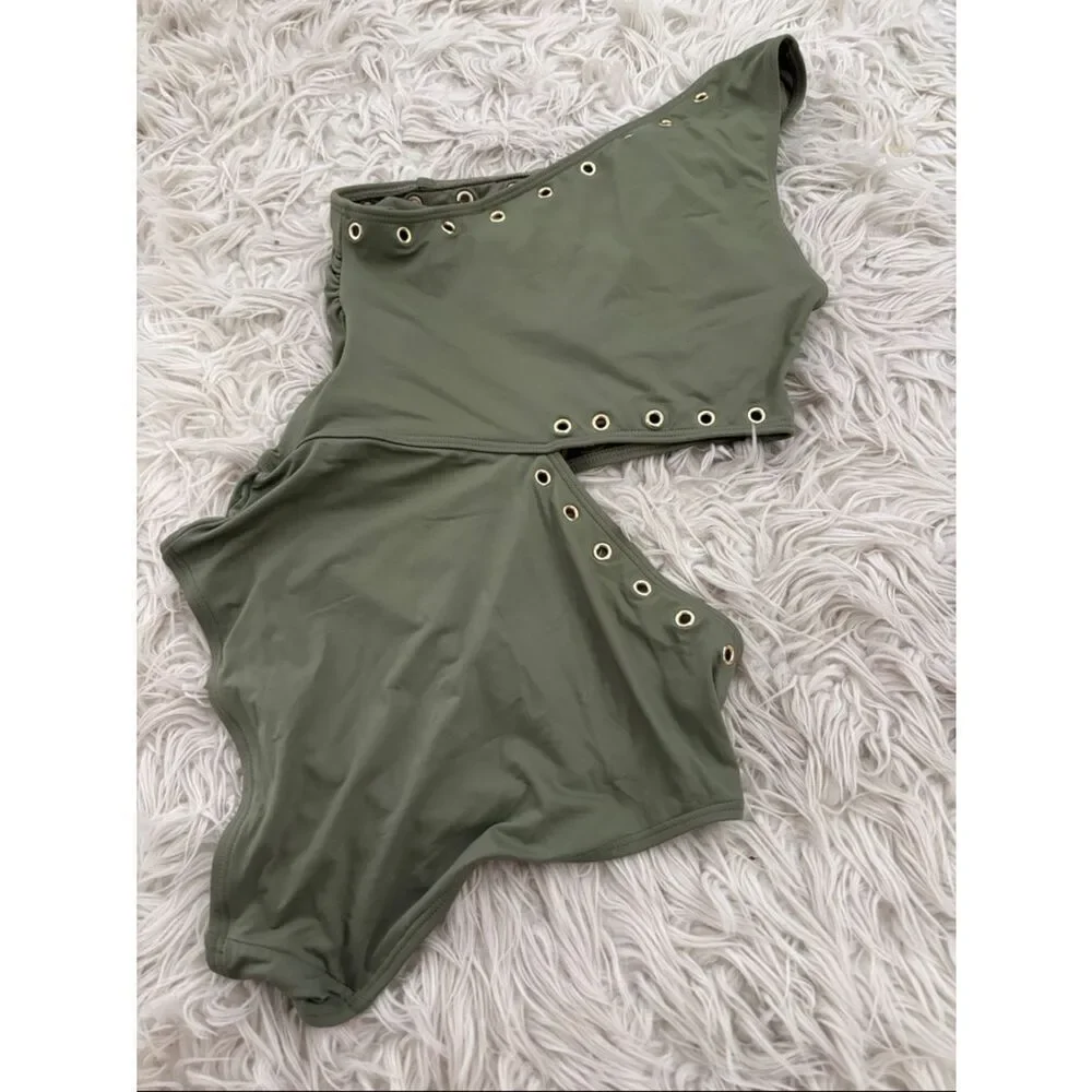 Michael Kors sz 10, Olive Green One-Shoulder Cutout Swimsuit with Gold Eyelets
